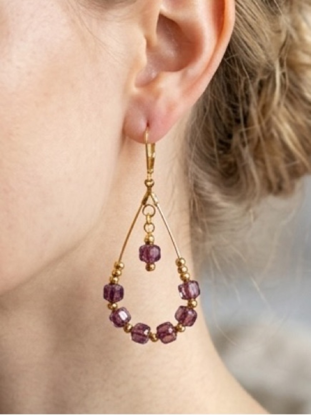 HAND CRAFTED AMETHYST PURPLE CRYSTAL CATHEDRAL BEAD TEARDROP EARRINGS Gold Hoops